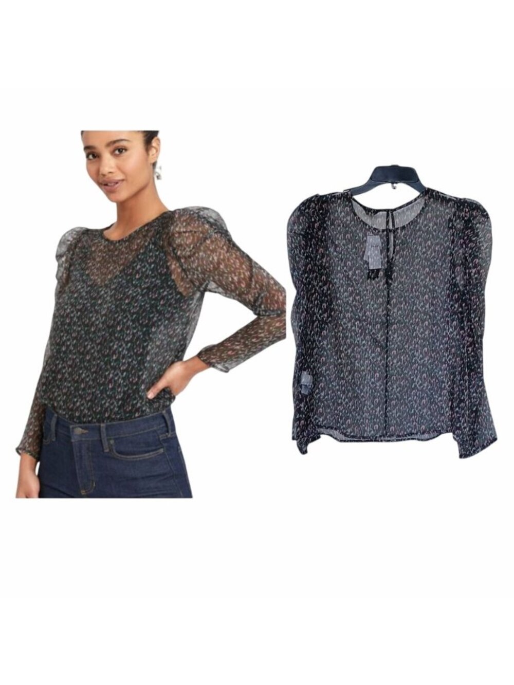 ⭐Banana Republic Black Sheer Puff Sleeve Printed Long Sleeve Blouse Womens S NWT